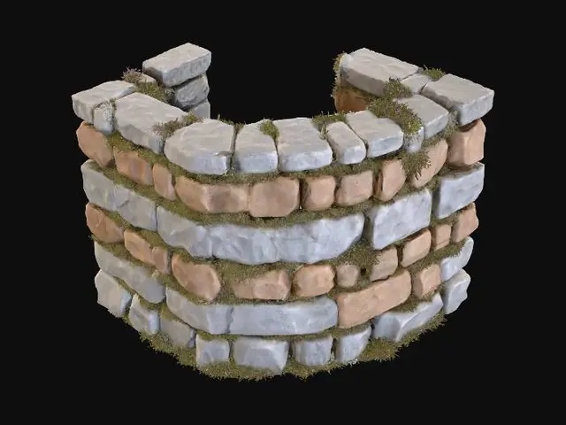 3D model for A robust corner module for a dry stone wall, forming a precise 90-degree turn, maintains the same 1.2-meter height and 0.6-meter thickness. It is meticulously constructed from irregularly stacked, rough-hewn stones in muted greys and earthy browns. The top is crowned with uneven coping stones, and broken stones are integrated seamlessly throughout. Numerous natural gaps are visible between the blocks, densely filled with vibrant green moss, ensuring continuity with linear sections. The texture is coarse and gritty stone, softened by the damp, velvety moss. Realism.