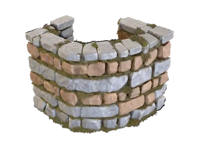 3D model for A robust corner module for a dry stone wall, forming a precise 90-degree turn, maintains the same 1.2-meter height and 0.6-meter thickness. It is meticulously constructed from irregularly stacked, rough-hewn stones in muted greys and earthy browns. The top is crowned with uneven coping stones, and broken stones are integrated seamlessly throughout. Numerous natural gaps are visible between the blocks, densely filled with vibrant green moss, ensuring continuity with linear sections. The texture is coarse and gritty stone, softened by the damp, velvety moss. Realism.