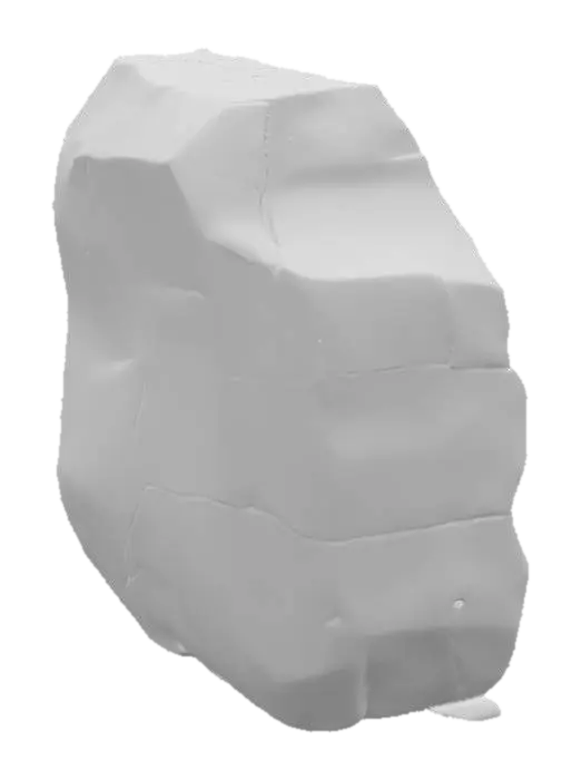 3D model for A colossal hero sandstone boulder, measuring 3.0 x 2.0 x 1.6 meters, dominates with its irregular, imposing shape and strikingly dramatic, deep fractures that cleave through its mass. The stone's primary color is a warm, sun-baked orange-brown, offset by areas of darker, glossy desert varnish that cling to its weathered surfaces. Its texture is coarse and abrasive, typical of sandstone, with the fractured edges feeling sharper and more exposed, revealing lighter, unfaded rock within.