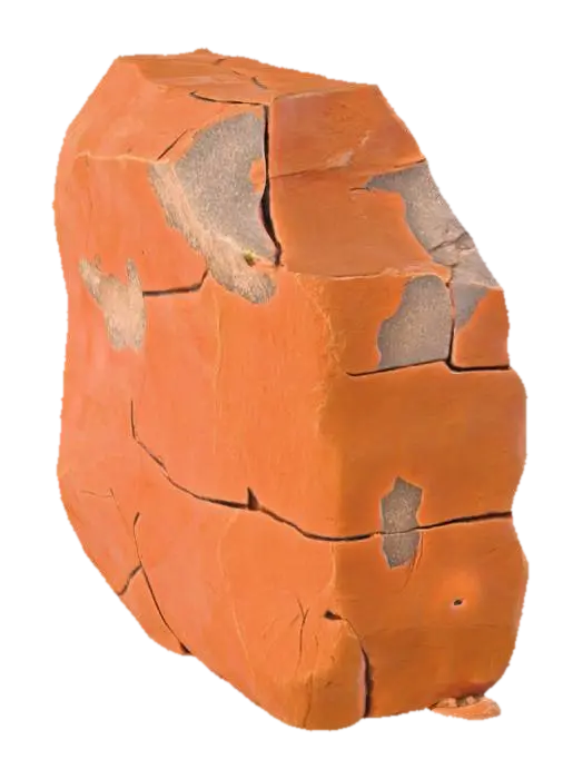 3D model for A colossal hero sandstone boulder, measuring 3.0 x 2.0 x 1.6 meters, dominates with its irregular, imposing shape and strikingly dramatic, deep fractures that cleave through its mass. The stone's primary color is a warm, sun-baked orange-brown, offset by areas of darker, glossy desert varnish that cling to its weathered surfaces. Its texture is coarse and abrasive, typical of sandstone, with the fractured edges feeling sharper and more exposed, revealing lighter, unfaded rock within.