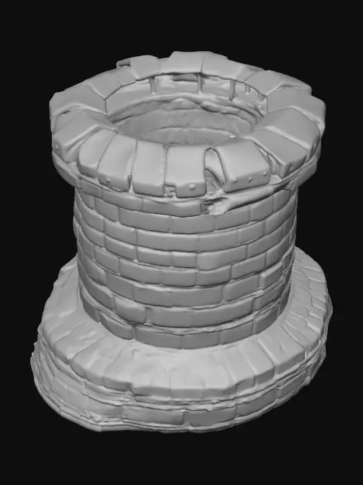 3D model for A rugged chimney cap/rim module, designed for a 5-meter diameter shaft, forms a slightly irregular, broken ring. It is composed of exposed, weathered bricks with numerous chips and fractures, giving it a rough, fragmented appearance. The brickwork is a muted, earthy red-brown, contrasting sharply with the heavy, dark black soot that heavily coats its inner lip. The texture is gritty and coarse from the bricks, with a powdery, uneven feel on the sooted surfaces, feeling solid yet fragile.