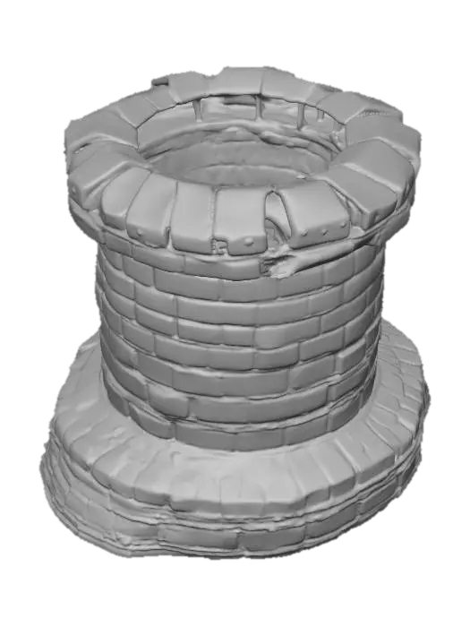 3D model for A rugged chimney cap/rim module, designed for a 5-meter diameter shaft, forms a slightly irregular, broken ring. It is composed of exposed, weathered bricks with numerous chips and fractures, giving it a rough, fragmented appearance. The brickwork is a muted, earthy red-brown, contrasting sharply with the heavy, dark black soot that heavily coats its inner lip. The texture is gritty and coarse from the bricks, with a powdery, uneven feel on the sooted surfaces, feeling solid yet fragile.
