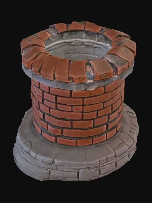 3D model for A rugged chimney cap/rim module, designed for a 5-meter diameter shaft, forms a slightly irregular, broken ring. It is composed of exposed, weathered bricks with numerous chips and fractures, giving it a rough, fragmented appearance. The brickwork is a muted, earthy red-brown, contrasting sharply with the heavy, dark black soot that heavily coats its inner lip. The texture is gritty and coarse from the bricks, with a powdery, uneven feel on the sooted surfaces, feeling solid yet fragile.