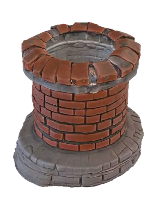 3D model for A rugged chimney cap/rim module, designed for a 5-meter diameter shaft, forms a slightly irregular, broken ring. It is composed of exposed, weathered bricks with numerous chips and fractures, giving it a rough, fragmented appearance. The brickwork is a muted, earthy red-brown, contrasting sharply with the heavy, dark black soot that heavily coats its inner lip. The texture is gritty and coarse from the bricks, with a powdery, uneven feel on the sooted surfaces, feeling solid yet fragile.