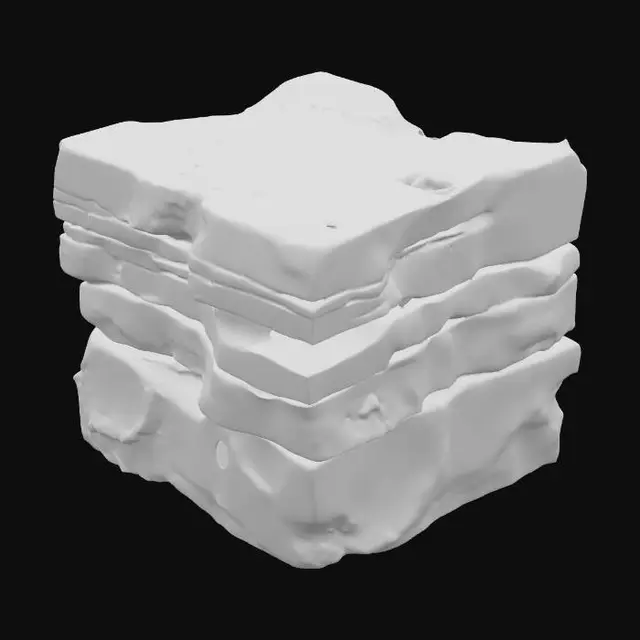 3D model for An imposing outside-corner sandstone piece, specifically crafted to form a natural-looking exterior angle. It prominently displays layered bedding that extends seamlessly across the corner, emphasizing its geological formation. The arrises are naturally chipped, adding to its rugged and weathered appearance, as if shaped by centuries of erosion. Composed of durable sandstone, it presents a granular texture and warm, earthy ochre and reddish-brown tones, making it a robust and authentic corner element for rock formations.