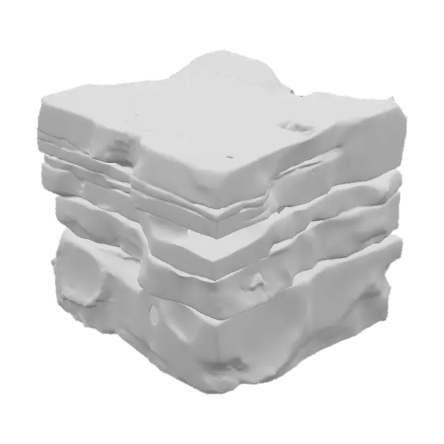 3D model for An imposing outside-corner sandstone piece, specifically crafted to form a natural-looking exterior angle. It prominently displays layered bedding that extends seamlessly across the corner, emphasizing its geological formation. The arrises are naturally chipped, adding to its rugged and weathered appearance, as if shaped by centuries of erosion. Composed of durable sandstone, it presents a granular texture and warm, earthy ochre and reddish-brown tones, making it a robust and authentic corner element for rock formations.