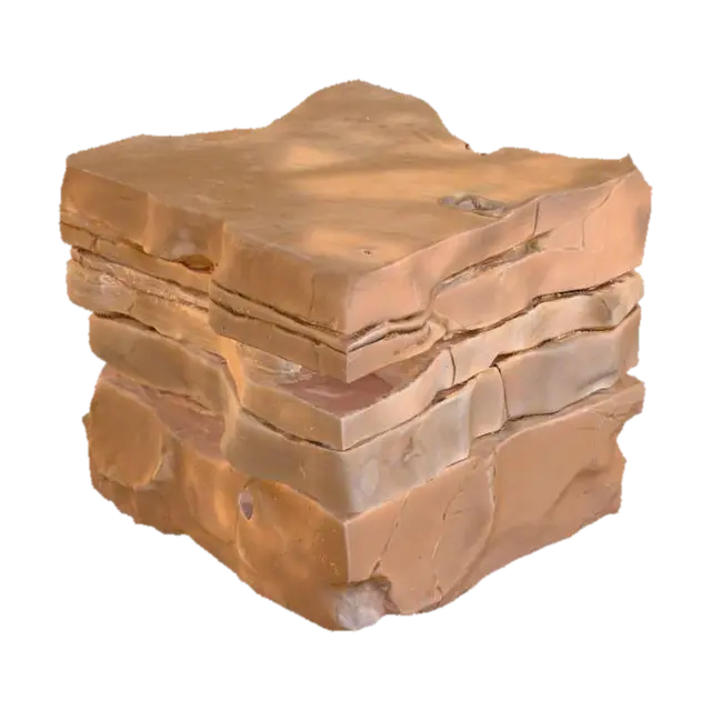 3D model for An imposing outside-corner sandstone piece, specifically crafted to form a natural-looking exterior angle. It prominently displays layered bedding that extends seamlessly across the corner, emphasizing its geological formation. The arrises are naturally chipped, adding to its rugged and weathered appearance, as if shaped by centuries of erosion. Composed of durable sandstone, it presents a granular texture and warm, earthy ochre and reddish-brown tones, making it a robust and authentic corner element for rock formations.