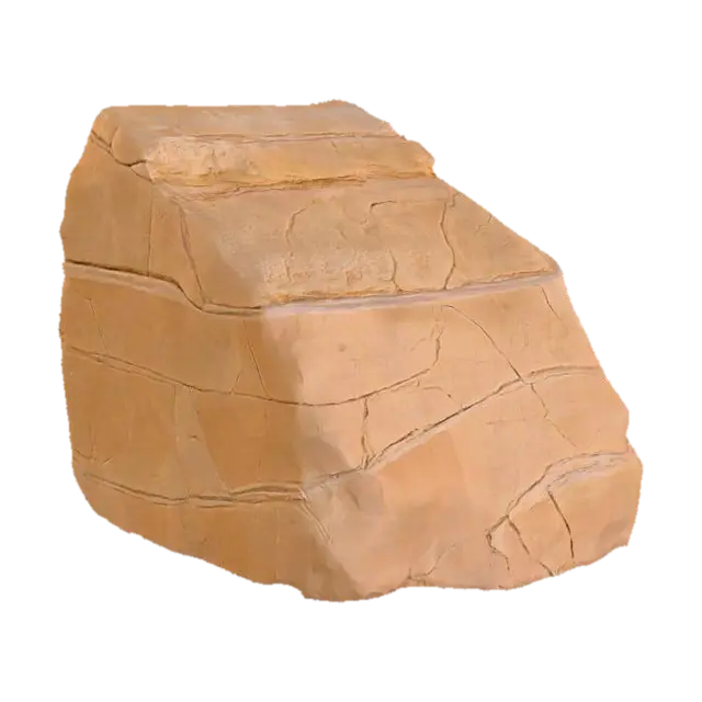 3D model for An imposing outside-corner sandstone piece, specifically crafted to form a natural-looking exterior angle. It prominently displays layered bedding that extends seamlessly across the corner, emphasizing its geological formation. The arrises are naturally chipped, adding to its rugged and weathered appearance, as if shaped by centuries of erosion. Composed of durable sandstone, it presents a granular texture and warm, earthy ochre and reddish-brown tones, making it a robust and authentic corner element for rock formations.