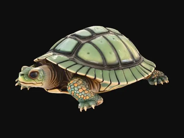 3D model for Ultra-realistic turtle animal model designed as a single solid, print-safe asset. The turtle has a broad, domed shell with natural hexagonal scutes, slightly uneven edges, and subtle wear for realism. Head and limbs are thick and well-supported, with strong proportions and no fragile parts. Skin texture is leathery and finely wrinkled, with layered scales around the neck and legs. Shell material appears as dense keratin with a matte finish, colored in deep olive green, dark brown, and muted amber tones. Skin coloration blends earthy gray-green, mossy olive, and warm sand hues. Eyes are glossy dark brown with a reflective wet look. Style is photorealistic wildlife reference, physically accurate anatomy, solid watertight geometry, no floating elements, optimized for high-detail 3D printing.