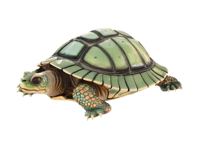 3D model for Ultra-realistic turtle animal model designed as a single solid, print-safe asset. The turtle has a broad, domed shell with natural hexagonal scutes, slightly uneven edges, and subtle wear for realism. Head and limbs are thick and well-supported, with strong proportions and no fragile parts. Skin texture is leathery and finely wrinkled, with layered scales around the neck and legs. Shell material appears as dense keratin with a matte finish, colored in deep olive green, dark brown, and muted amber tones. Skin coloration blends earthy gray-green, mossy olive, and warm sand hues. Eyes are glossy dark brown with a reflective wet look. Style is photorealistic wildlife reference, physically accurate anatomy, solid watertight geometry, no floating elements, optimized for high-detail 3D printing.