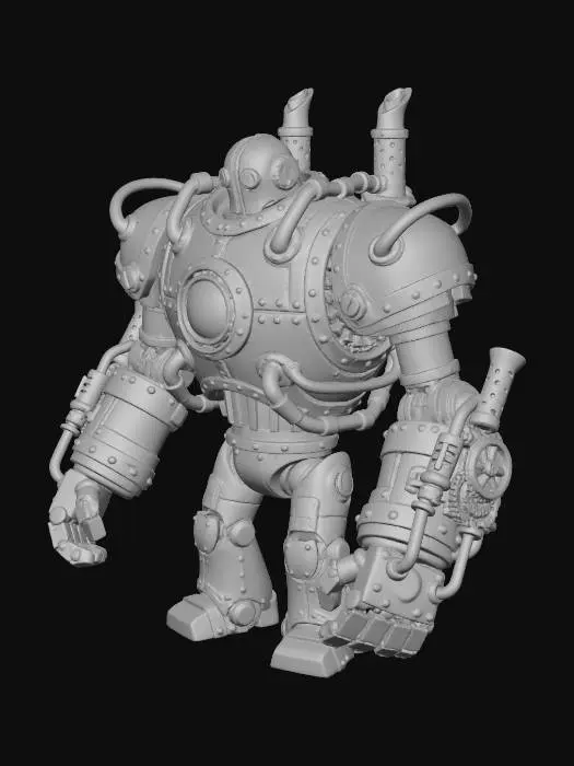 3D model for Steampunk mechanical golem robot, large brass and bronze body, 
oversized cylindrical torso with central glowing eye, 
massive articulated arms with exposed gears and pistons, 
industrial Victorian aesthetic, intricate mechanical details, 
rivets and copper pipes, weathered metal texture, 
character concept art, League of Legends splash art style, 
professional 3D render, studio lighting, neutral gray background, 
highly detailed, PBR materials, ray tracing, Unreal Engine 5, 
trending on ArtStation