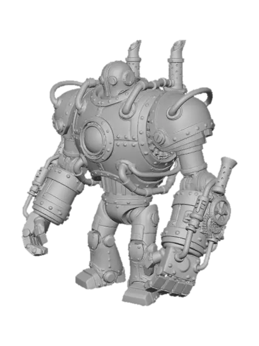 3D model for Steampunk mechanical golem robot, large brass and bronze body,
oversized cylindrical torso with central glowing eye,
massive articulated arms with exposed gears and pistons,
industrial Victorian aesthetic, intricate mechanical details,
rivets and copper pipes, weathered metal texture,
character concept art, League of Legends splash art style,
professional 3D render, studio lighting, neutral gray background,
highly detailed, PBR materials, ray tracing, Unreal Engine 5,
trending on ArtStation