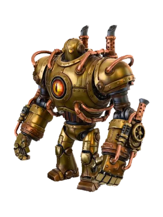 3D model for Steampunk mechanical golem robot, large brass and bronze body,
oversized cylindrical torso with central glowing eye,
massive articulated arms with exposed gears and pistons,
industrial Victorian aesthetic, intricate mechanical details,
rivets and copper pipes, weathered metal texture,
character concept art, League of Legends splash art style,
professional 3D render, studio lighting, neutral gray background,
highly detailed, PBR materials, ray tracing, Unreal Engine 5,
trending on ArtStation