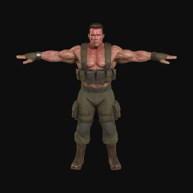 3D model for Arnold Schwarzenegger as Dutch Scaefer from Predator, Game Assets, Highly Detailed, Ultra Realistic, T-pose, Full Body, Symmetrical Body