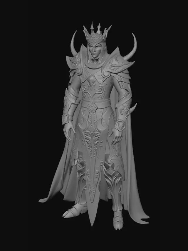 3D model for Create a high detail dark fantasy boss for a Soulslike game. Name:The Eternal King of the Fallen,Ruler of Eternal Rebirth. A 3 meter tall undead medieval king with black ancient armor,silver details,golden runes,and battle damage. Broken crown fused into helmet with glowing blue/purple magic. Pale undead face,glowing eyes,long dark crimson torn cape. Massive corrupted two handed greatsword with glowing runes and dark aura. Large muscular body,intimidating silhouette. Gothic medieval style,ultra realistic,AAA quality,PBR textures,4K,game ready,Unity optimized,humanoid rig,T-pose,FBX,separate sword mesh. Negative:cartoon,anime,lowpoly,stylized,blurry,bright colors,bad proportions.