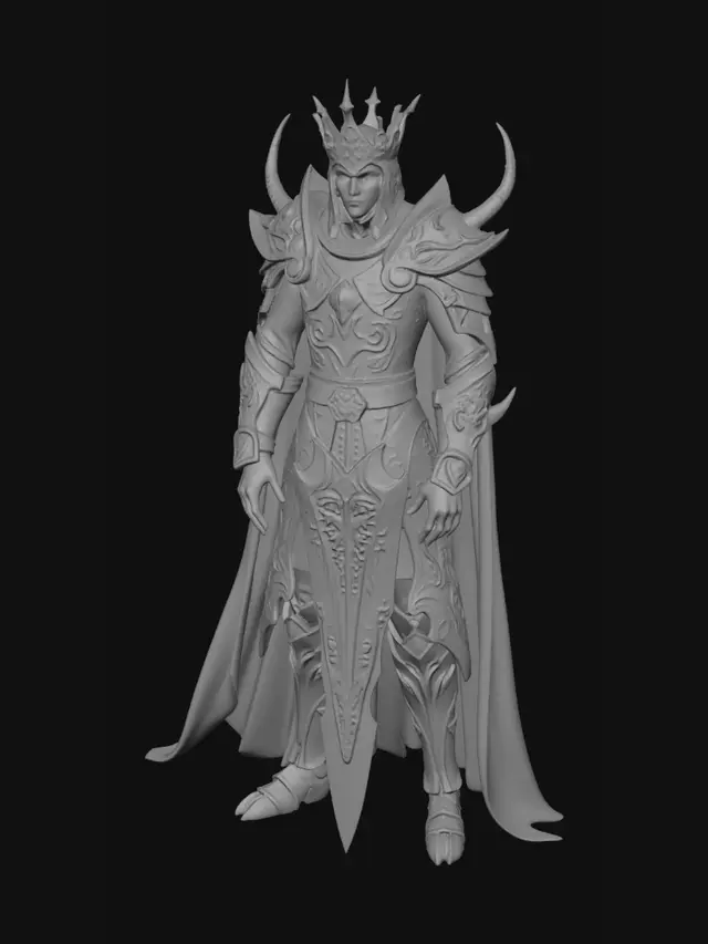 3D model for Create a high detail dark fantasy boss for a Soulslike game. Name:The Eternal King of the Fallen,Ruler of Eternal Rebirth. A 3 meter tall undead medieval king with black ancient armor,silver details,golden runes,and battle damage. Broken crown fused into helmet with glowing blue/purple magic. Pale undead face,glowing eyes,long dark crimson torn cape. Massive corrupted two handed greatsword with glowing runes and dark aura. Large muscular body,intimidating silhouette. Gothic medieval style,ultra realistic,AAA quality,PBR textures,4K,game ready,Unity optimized,humanoid rig,T-pose,FBX,separate sword mesh. Negative:cartoon,anime,lowpoly,stylized,blurry,bright colors,bad proportions.