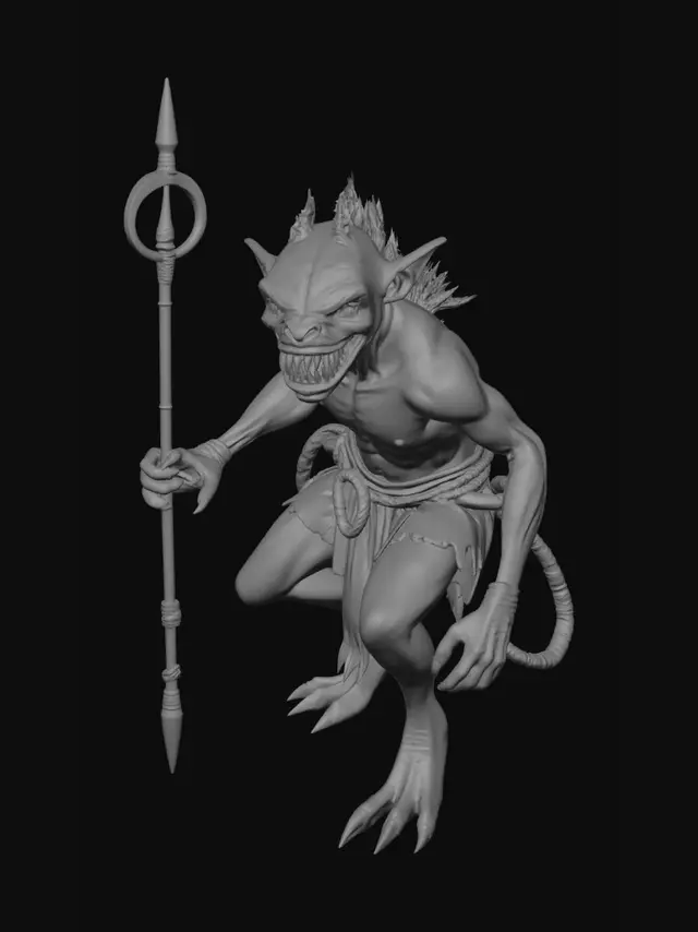 3D model for Full-body concept art, dynamic coiled stalking crouch of a tall, athletic, muscular blue-skinned Leperido creature. Features: large feline ears, glowing amber eyes, wide carnivorous grin with multiple rows of needle teeth. Skin is vibrant blue, scaly patches on shoulders/arms, messy grey-blue fur on head. Slender feline-like tail, detailed clawed feet. hands are clearly polydactyl: 6 clawed digits, 2 opposable thumbs on opposite sides of each hand. Attire: tattered leather loincloth, rustic rope wrist wraps, necklace of large predator teeth/bones. Polydactyl right hand complexly grips primitive wood/stone spear shaft. Bi-thumbed left hand raised, fingers splayed wide near chest to explicitly showcase the unique 6-digit anatomy. Hunting dagger in sheath on belt, left hip. High-detail 3D dig