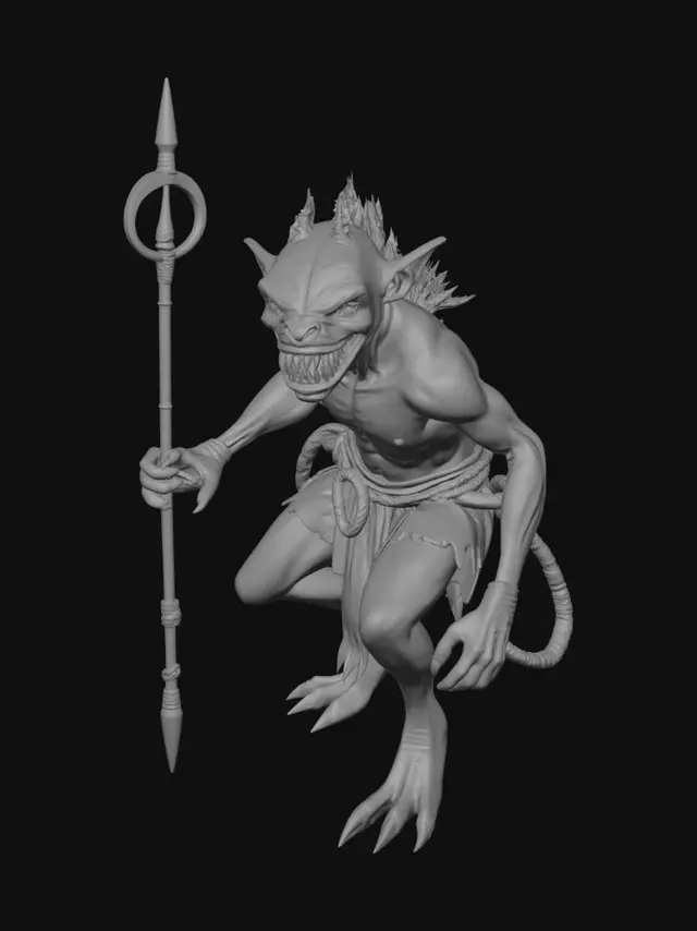 3D model for Full-body concept art, dynamic coiled stalking crouch of a tall, athletic, muscular blue-skinned Leperido creature. Features: large feline ears, glowing amber eyes, wide carnivorous grin with multiple rows of needle teeth. Skin is vibrant blue, scaly patches on shoulders/arms, messy grey-blue fur on head. Slender feline-like tail, detailed clawed feet. hands are clearly polydactyl: 6 clawed digits, 2 opposable thumbs on opposite sides of each hand. Attire: tattered leather loincloth, rustic rope wrist wraps, necklace of large predator teeth/bones. Polydactyl right hand complexly grips primitive wood/stone spear shaft. Bi-thumbed left hand raised, fingers splayed wide near chest to explicitly showcase the unique 6-digit anatomy. Hunting dagger in sheath on belt, left hip. High-detail 3D dig