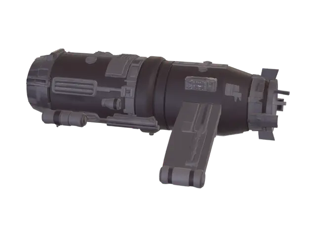 3D model for Crashed cargo spaceship wreck, half-buried at an angle, ribbed cylindrical hull with torn panels, one wing snapped off, dented engine housing, cracked glowing cyan cockpit visor, scorched and dusty metal.stylized low-poly sci-fi game asset, flat shading, clean silhouette, muted colors with one saturated accent, single object, no base, no background
