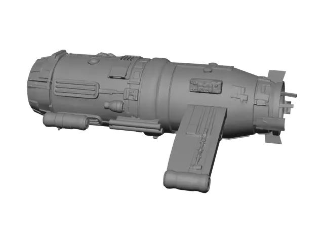 3D model for Crashed cargo spaceship wreck, half-buried at an angle, ribbed cylindrical hull with torn panels, one wing snapped off, dented engine housing, cracked glowing cyan cockpit visor, scorched and dusty metal.stylized low-poly sci-fi game asset, flat shading, clean silhouette, muted colors with one saturated accent, single object, no base, no background