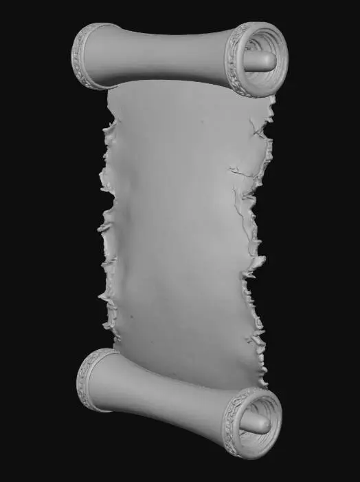 3D model for A Hero Prop, stylized hand-painted fantasy scroll, game-ready optimized mesh, PBR workflow.
The scroll is blank aged parchment, weathered, slightly torn edges, paper fades from light center to darker old edges.
It has simple cylinder handles. The main focus is the ornate metal end caps made of antique bronze and copper.
The metal caps are engraved with a clear, unified, simple pattern of Celtic knots fused with clean lines.
No gems. 4K texture, clean topology, well-balanced design.