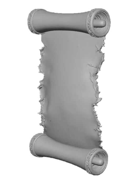 3D model for A Hero Prop, stylized hand-painted fantasy scroll, game-ready optimized mesh, PBR workflow.

The scroll is blank aged parchment, weathered, slightly torn edges, paper fades from light center to darker old edges.

It has simple cylinder handles. The main focus is the ornate metal end caps made of antique bronze and copper.

The metal caps are engraved with a clear, unified, simple pattern of Celtic knots fused with clean lines.

No gems. 4K texture, clean topology, well-balanced design.