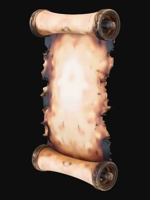 3D model for A Hero Prop, stylized hand-painted fantasy scroll, game-ready optimized mesh, PBR workflow.
The scroll is blank aged parchment, weathered, slightly torn edges, paper fades from light center to darker old edges.
It has simple cylinder handles. The main focus is the ornate metal end caps made of antique bronze and copper.
The metal caps are engraved with a clear, unified, simple pattern of Celtic knots fused with clean lines.
No gems. 4K texture, clean topology, well-balanced design.