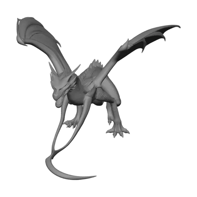 3D model for dragon, articulado, de color negro, con grandes alas, sus garras afiladas, largo rabo.