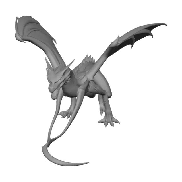 3D model for dragon, articulado, de color negro, con grandes alas, sus garras afiladas, largo rabo.