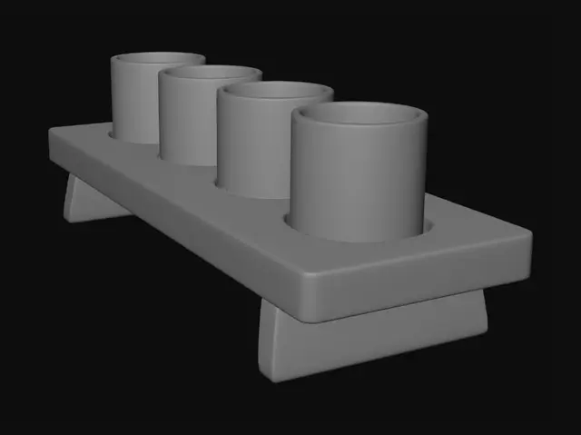 3D model for Create a 3D printable whiskey flight board with four round recessed holders for Glencairn-style whiskey glasses. The board should be rectangular with slightly rounded corners and four short sturdy legs raising it about 30–40 mm off the surface. Each glass recess should be evenly spaced and sized to hold standard whiskey tasting glasses securely. Include a smooth rectangular engraving area centered on the front face for a custom monogram. Design with clean edges, 8–10 mm board thickness, and strong leg supports. Model must be manifold, watertight, and optimized for FDM printing as a single solid STL.
