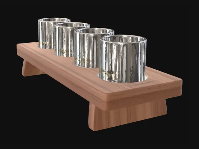 3D model for Create a 3D printable whiskey flight board with four round recessed holders for Glencairn-style whiskey glasses. The board should be rectangular with slightly rounded corners and four short sturdy legs raising it about 30–40 mm off the surface. Each glass recess should be evenly spaced and sized to hold standard whiskey tasting glasses securely. Include a smooth rectangular engraving area centered on the front face for a custom monogram. Design with clean edges, 8–10 mm board thickness, and strong leg supports. Model must be manifold, watertight, and optimized for FDM printing as a single solid STL.