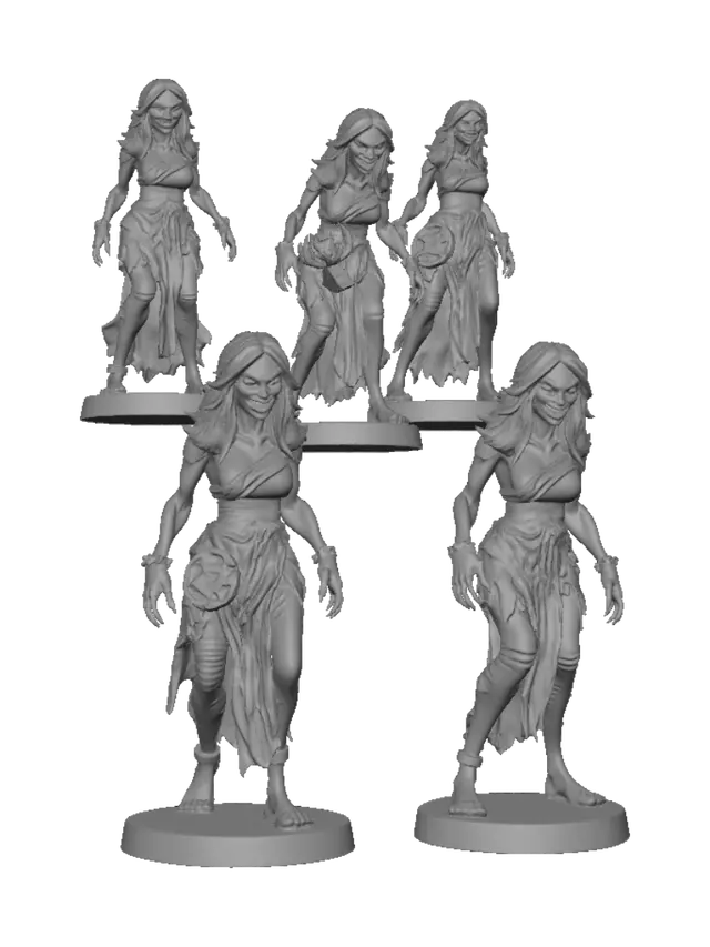 3D model for Create a set of five separate female zombie miniatures. Each character must be completely unique with different faces, hairstyles, body types, clothing, scars and level of decay. Dark fantasy style with torn dresses, damaged leather armor, tattered fabrics and eerie glowing eyes. Five different poses: walking, attacking, guarding, reaching forward and crouching. Stable poses for FDM printing. Integrated round base for each model. Do not merge the characters together. Watertight manifold mesh, thick details, minimal overhangs, optimized for Ender 3 Pro FDM printing, STL ready, highly detailed, 32 mm scale.