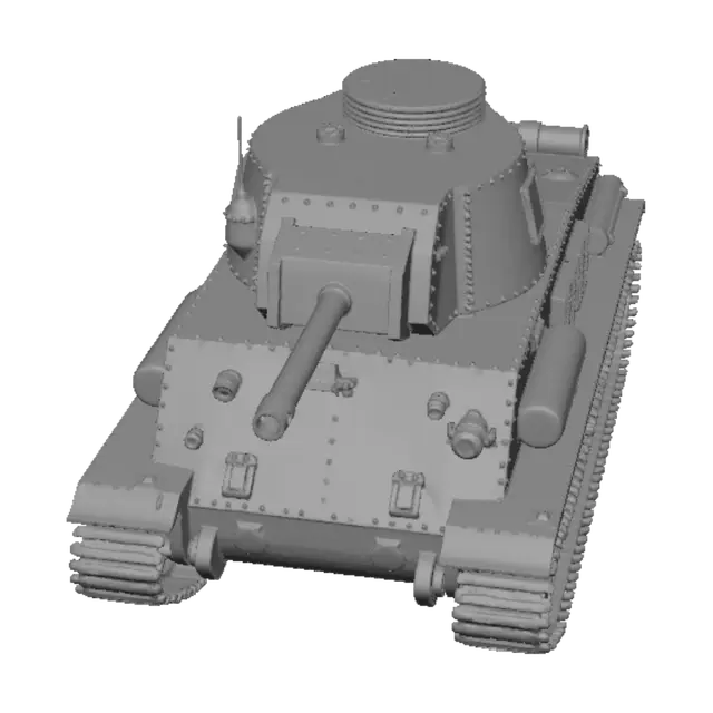 3D model for 3D game-ready mesh, Italian WW2 L6/40 light tank, mint-green clay render, hard-surface, riveted armor plates. Asymmetric octagonal turret shifted LEFT, 20mm cannon. Low chassis, detailed tracks, dual suspension bogies. Stepped rear hull, lower engine deck, horizontal cooling grilles, exhaust muffler right side, towing hook. Watertight mesh, perfect 360 symmetry.