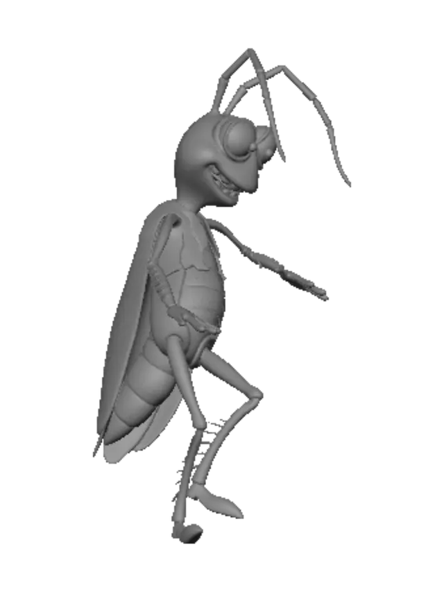 3D model for A highly detailed, cute and goofy cartoon cockroach in a Pixar-inspired style, but with realistic textures on its exoskeleton. It has a tall, thin, and slightly awkward body. Its face features huge, expressive eyes pointing in slightly different directions, raised eyebrows, and a goofy, toothy grin. Its antennae are droopy and one is bent. It stands in a clumsy, uncertain pose. The shell has subtle organic shading and a polished, slightly glossy finish. Bright, vibrant colors, studio lighting, full body, game-ready character, T-pose