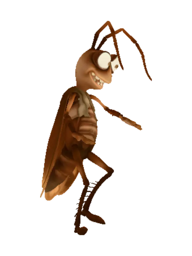 3D model for A highly detailed, cute and goofy cartoon cockroach in a Pixar-inspired style, but with realistic textures on its exoskeleton. It has a tall, thin, and slightly awkward body. Its face features huge, expressive eyes pointing in slightly different directions, raised eyebrows, and a goofy, toothy grin. Its antennae are droopy and one is bent. It stands in a clumsy, uncertain pose. The shell has subtle organic shading and a polished, slightly glossy finish. Bright, vibrant colors, studio lighting, full body, game-ready character, T-pose