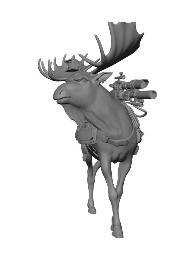 3D model for A moose wearing night vision goggles with a sci-fi cannon mounted on the top of its back. It needs discernible sections that can be colored easy. It has to have regular moose horns and should be wearing a bulletproof vest. All of this should look natural on it like it’s been wearing it forever and all of the manmade items were engineered for the moose.