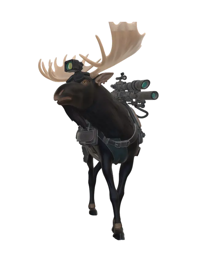 3D model for A moose wearing night vision goggles with a sci-fi cannon mounted on the top of its back. It needs discernible sections that can be colored easy. It has to have regular moose horns and should be wearing a bulletproof vest. All of this should look natural on it like it’s been wearing it forever and all of the manmade items were engineered for the moose.