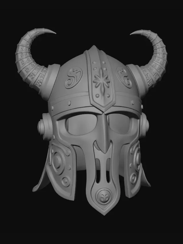 3D model for nordic viking helmet, wearable, open face, ornate engraved 
details, two curved horns on sides, symmetrical, hollow interior, 
thick walls 3mm, split vertically down the middle into two 
mirrored halves with dovetail connector tabs and slots on the 
split edges, optimized for FDM 3D printing