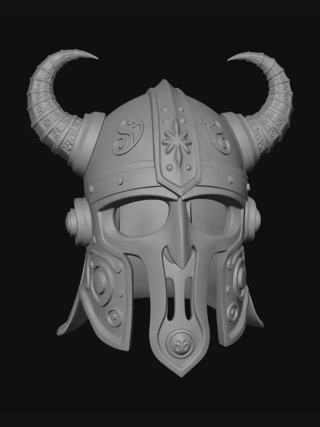 3D model for nordic viking helmet, wearable, open face, ornate engraved 
details, two curved horns on sides, symmetrical, hollow interior, 
thick walls 3mm, split vertically down the middle into two 
mirrored halves with dovetail connector tabs and slots on the 
split edges, optimized for FDM 3D printing