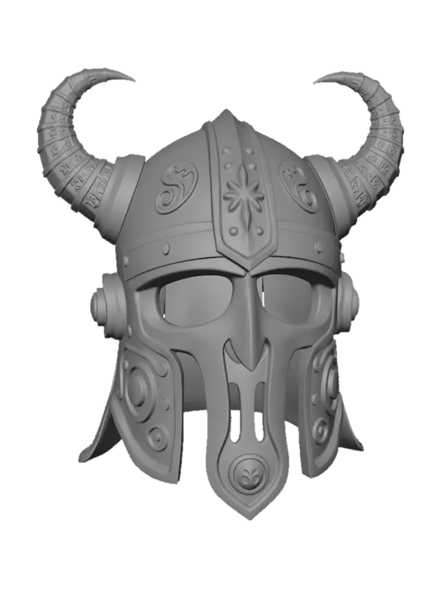 3D model for nordic viking helmet, wearable, open face, ornate engraved 
details, two curved horns on sides, symmetrical, hollow interior, 
thick walls 3mm, split vertically down the middle into two 
mirrored halves with dovetail connector tabs and slots on the 
split edges, optimized for FDM 3D printing