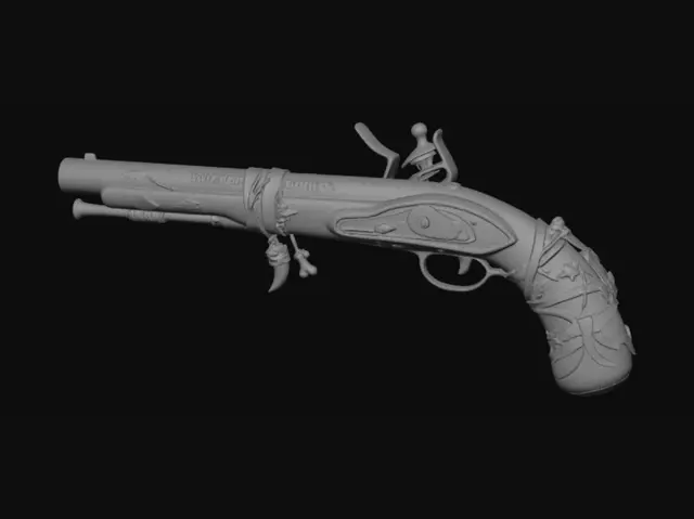 3D model for A well worn long barrel pistol woth gold accents and black metal, wood grained grip, and intricate designs etched into the metal.