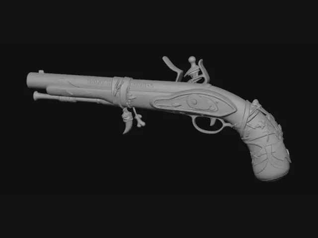 3D model for A well worn long barrel pistol woth gold accents and black metal, wood grained grip, and intricate designs etched into the metal.