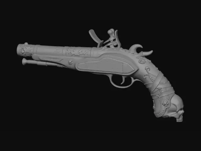 3D model for A well worn long barrel pistol woth gold accents and black metal, wood grained grip, and intricate designs etched into the metal.
