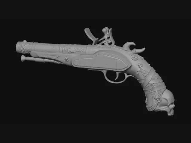 3D model for A well worn long barrel pistol woth gold accents and black metal, wood grained grip, and intricate designs etched into the metal.