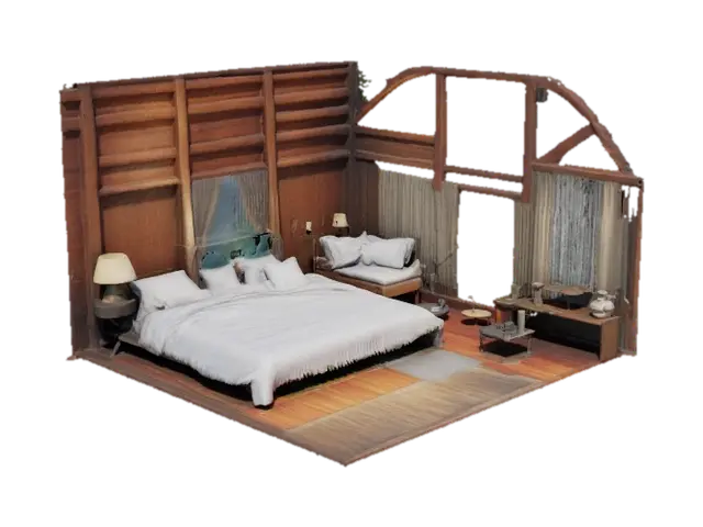 I want you to create a hotel room that is in a tree. High detail. Very realistic 3D model, vytvořený pomocí AI