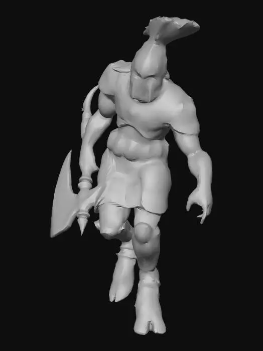 3D model for The figure has a muscular and humanoid form with intricate, ornate armor featuring engraved patterns, a crested helmet, and textured, coarse skin with a reddish hue, while wielding a bloodstained, ornate weapon.,
