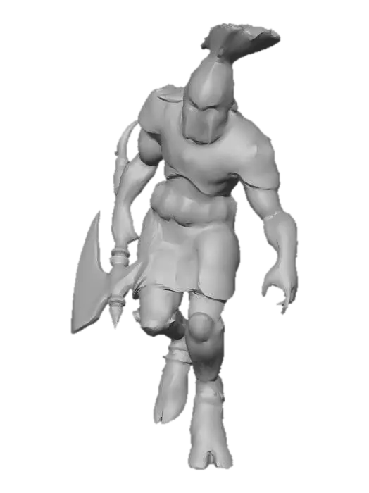 3D model for The figure has a muscular and humanoid form with intricate, ornate armor featuring engraved patterns, a crested helmet, and textured, coarse skin with a reddish hue, while wielding a bloodstained, ornate weapon.,