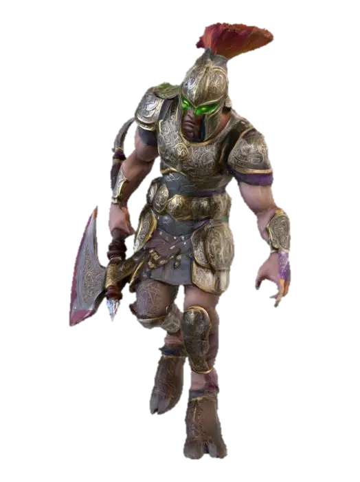 3D model for The figure has a muscular and humanoid form with intricate, ornate armor featuring engraved patterns, a crested helmet, and textured, coarse skin with a reddish hue, while wielding a bloodstained, ornate weapon.,
