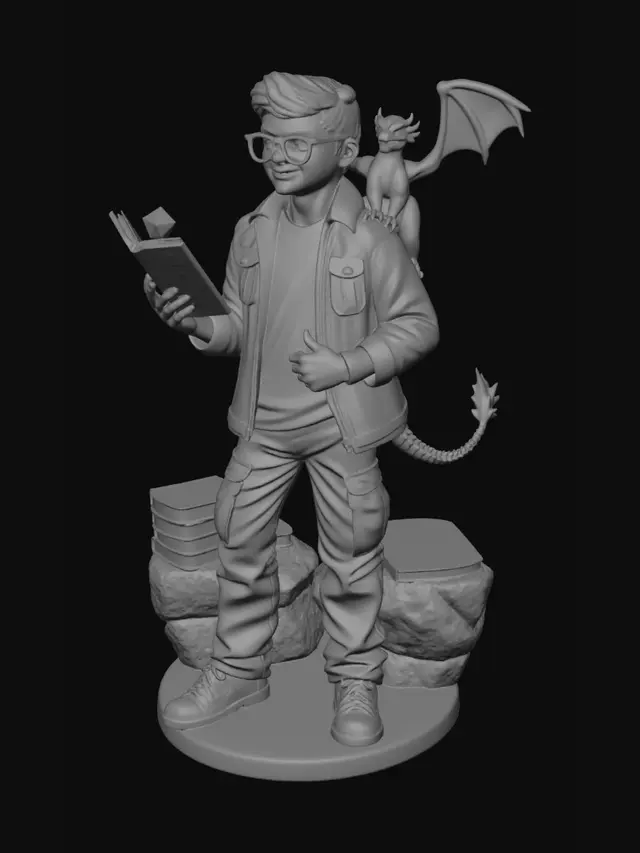 3D model for A detailed 3D figurine of a male character with glasses, short dark hair, wearing a dark brown jacket, light grey shirt, and tan cargo pants, holding a "Holy Bible" book and a purple D20 die. A small black dragon with white wings perches on his right shoulder. The entire figurine stands on a sculpted rock-like base adorned with books, a laptop displaying "Oracle Microsoft Graph," a coffee mug, and a detailed plaque, all rendered with smooth, matte plastic textures ideal for 3D printing.
