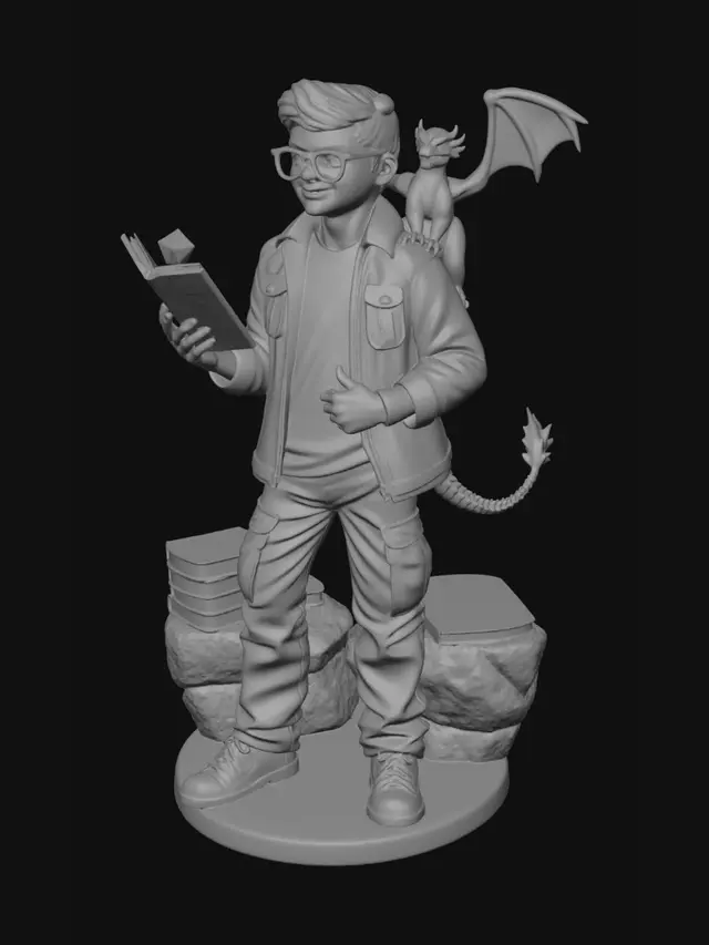 3D model for A detailed 3D figurine of a male character with glasses, short dark hair, wearing a dark brown jacket, light grey shirt, and tan cargo pants, holding a "Holy Bible" book and a purple D20 die. A small black dragon with white wings perches on his right shoulder. The entire figurine stands on a sculpted rock-like base adorned with books, a laptop displaying "Oracle Microsoft Graph," a coffee mug, and a detailed plaque, all rendered with smooth, matte plastic textures ideal for 3D printing.